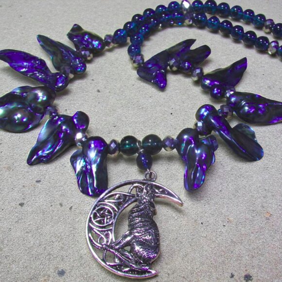 Handmade Wolf and Moon Necklace with Blue Gemstone and Pearl. One of a Kind! - Picture 4 of 6